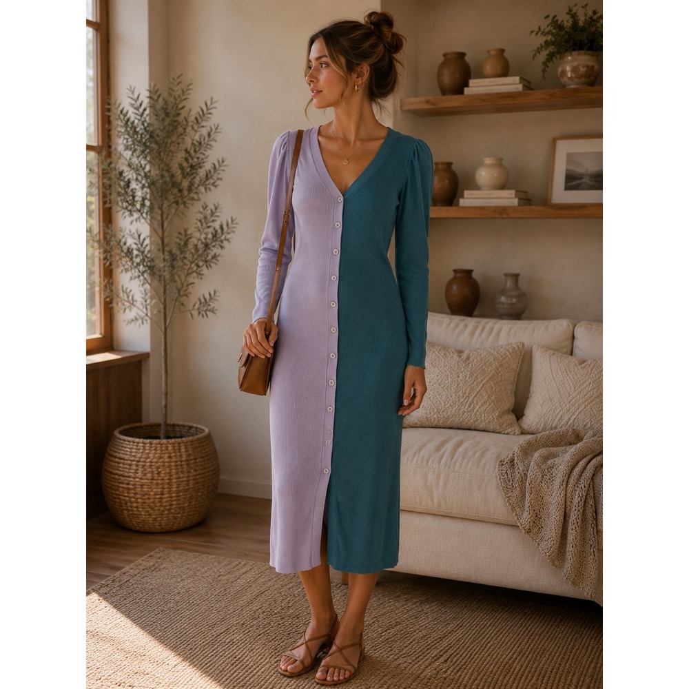 Busayo Collective Dress Women Medium Blue Purple Colorblock Wool‎ Ribbed